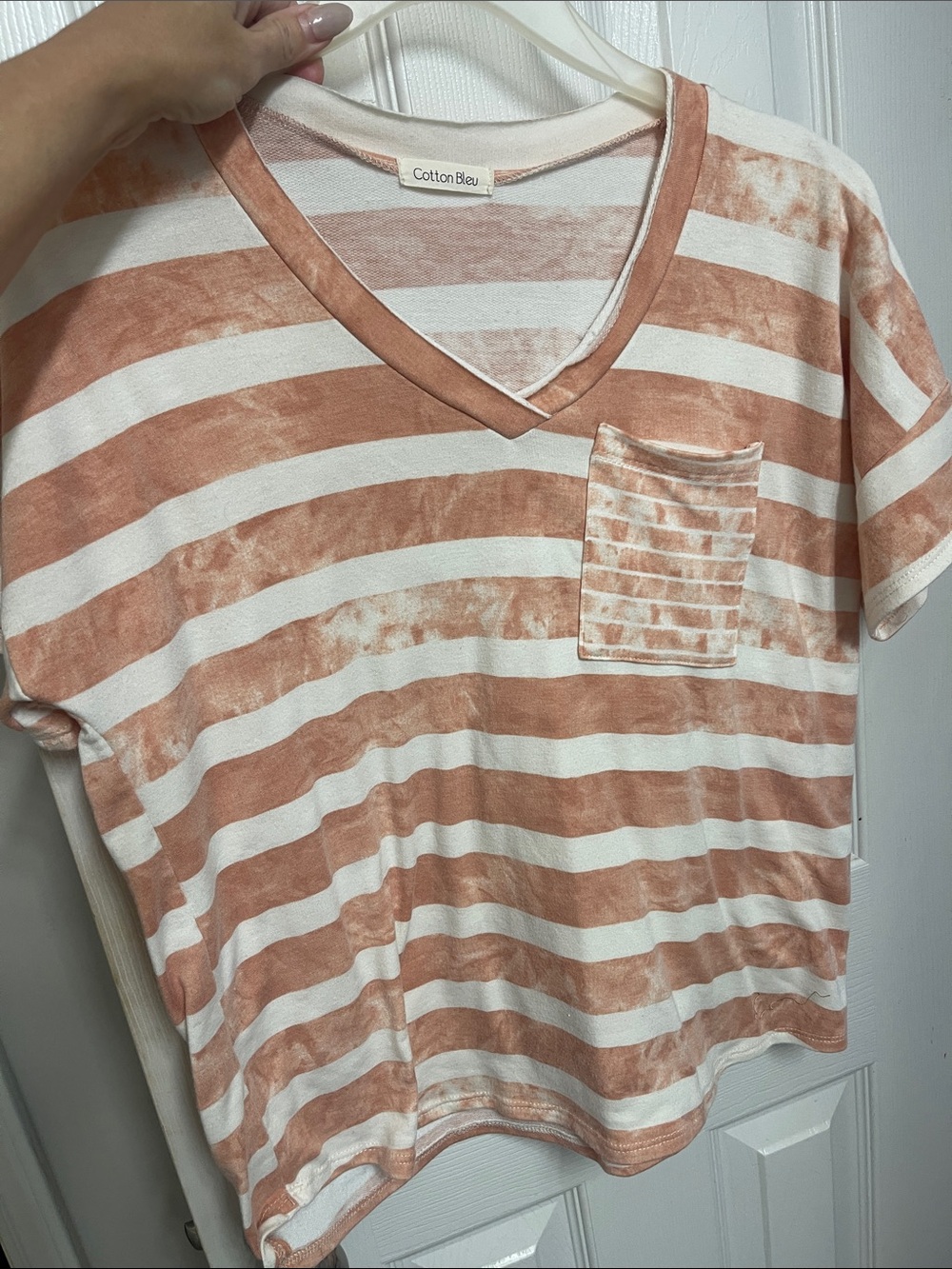 Cotton Bleu Women's Rust-White Striped V-Neck Tee